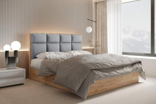 TRADA Boxspringbett 200x200 cm mit Taschenmatratze, Selva, Grau | Boxspringbett mit Holzelemente und Bettkasten, mit Holzelemente