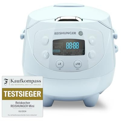 REISHUNGER Mini olla arrocera eléctrica y vaporera azul claro para hasta 3 personas (0,6 l) - olla arrocera con 8 programas - con pantalla LED y función automática de mantenimiento del calor