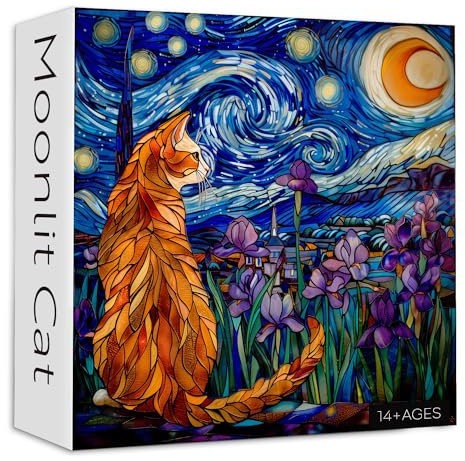 PICKFORU Stained Glass Puzzles: 1000 Pieces, Adults' Cat Lovers' Jigsaw Puzzle - Purple Iris Flowers, Starry Night, Moonlit Cat Flower