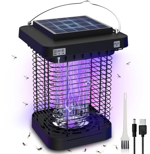 OneAmg Lampara Antimosquitos Solar, 365nm UV Lampara Mosquitos 1300V DC Mata Mosquitos Electrico,Antimosquitos Electricocon luz LED Impermeable para Colgar en Interiores y Exteriores