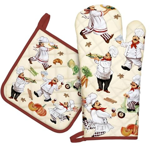 Arquiel Chef Oven Mitts and Pot Holders -100% Cotton, Heat Resistant Extra Long Oven Gloves & Hot Pads for Cooking BBQ Grilling Baking Gift, Set of 2