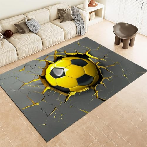 3D Fußball Kinderteppich, Grau-Gelb Geknackter Bedruckt Weich Kurzflor Teppich 60x90 cm rutschfest Waschbar Teppiche für Wohnzimmer Schlafzimmer Spielzimmer Bettvorleger