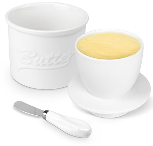 Miyacare Französische Butterdose, Butterdose Wassergekühlt mit Wasserlinie, Keramische Butterglocke für Frische und Streichfähige Butter (Weiß, 10CM)