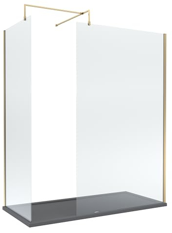Balterley Wetroom Screen Set with Support Bar & Tray, 2X Shower Glass, Support Bar Kit, Slate Grey Rectangular Shower Tray, Toughened Safety Glass Screens with Arm Bracket (Brushed Brass/Grey)