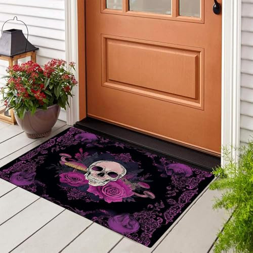 COSKTIARL Home Fußmatte Horror 80x120cm – rutschfeste für Innen, Lila Blumenpilzschädel Fußabtreter Haustür Home Matte für Eingangsbereich & überdachten Außenbereich