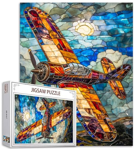 Stained Glass Airplane Puzzle 1000 Piece Jigsaw Puzzle 1000 Pieces Fighter Plane Puzzles for Adults Teens Aircraft Puzzles,Fighter Aircraft Retro Puzzles