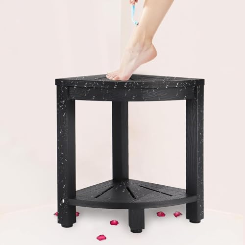 RayLove Badezimmerhocker, 2-Lagiger Fächerförmiger Eckduschehocker mit Ablagefläche und Anti-Rutsch-Pad, Tragbarer Wasserdichter Badezimmerstuhl Display Rack (schwarz)