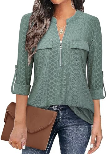 Siddhe Damenmode Bluse 3/4 Ärmel Damen Oberteile Tunika Damen Große Größen Tops Arbeit Hemd Longshirt Reißverschluss A-Linie T-Shirt Elegant Business Damenblusen Grün Hohler Shirt, 2XL