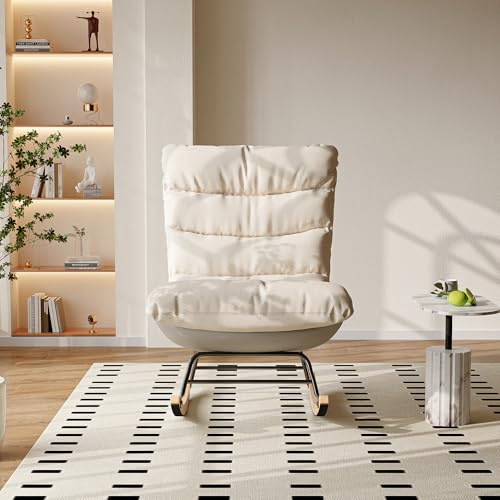 FOERPL Lesesessel, Schaukelsessel für den Innenbereich, mit gepolsterter Rückenlehne, Schaukelstuhl, Wohnzimmer, mit weicher Rückenlehne, Leinen + technischer Stoff, gebrochenes Weiß + Grau)