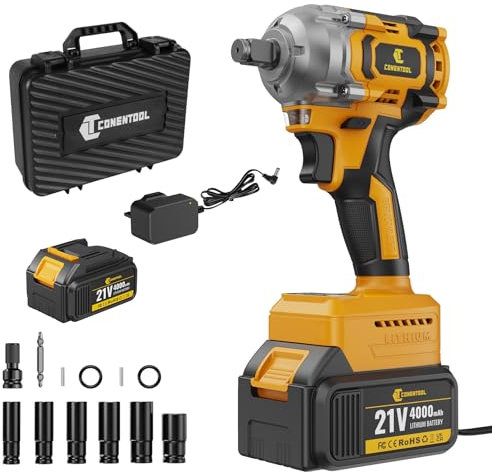 Conentool Cordless Impact Wrench, 680 N.m Brushless Impact Gun 1/2, 21V Electric Rotary with 1*4.0Ah Battery and chargers,12PCS drill Bits,Carry Box for Your Family Car/Pickup Truck/Mower/Motorcycle