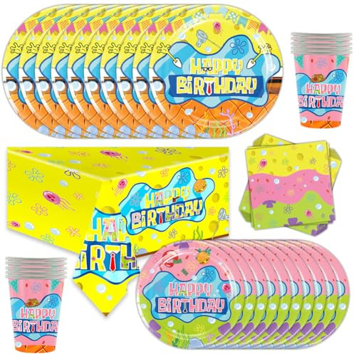 Simmpu 51pcs Cartoon Sponges Party Tableware,Yellow Sponge Party Supplies Birthday Decoration,Supplies With Paper Plates Cups Napkins Tablecloths For 10 Guests Adult Kids Birthday Party