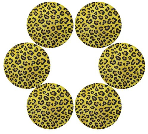 Fake Glitter Leopard Print Yellow Round placemats for Dinner Table Rustic Waterproof Cloth Table mats Set of 6 15.4x15.4in