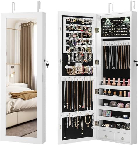 COSTWAY Schmuckschrank hängend, 2 in 1 Spiegelschrank mit LED Leuchten & 2 Schubladen, Hängeschrank abschließbar, Wandschrank Schmuck Organizer zur Wand-/Türmontage, Weiß