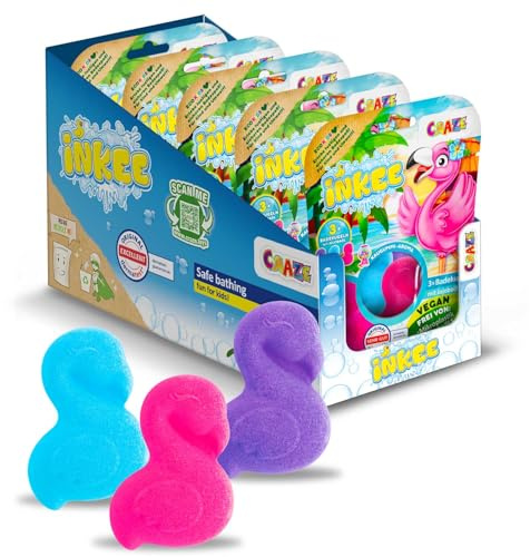 CRAZE INKEE Flamingo Badebomben 15er Pack - 15x 15g Badekugeln für Kinder | Bunter Badespaß mit Kaugummi-Duft und Jojobaöl, sprudelnder Badezusatz in Rosa, Lila und Blau, Dermatest sehr gut