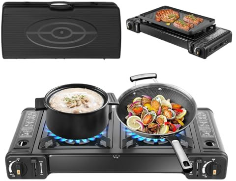 DAOHHFO Hornillo de gas para camping, 2 quemadores, portátil, con plancha y maletín de almacenamiento, estufa de gas para exteriores e interiores, 64 x 27,8 x 8 cm