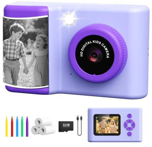 Sofortbildkamera Kinder, 2,4 Zoll Kinderkamera Sofortbildkamera mit LED-Blitz 32GB-Karte Druckpapier, 20MP 1080P Digitalkamera Kamera Kinder Sofortdruck, Geschenk für 3-12 Jahre Mädchen Jungen, Lila