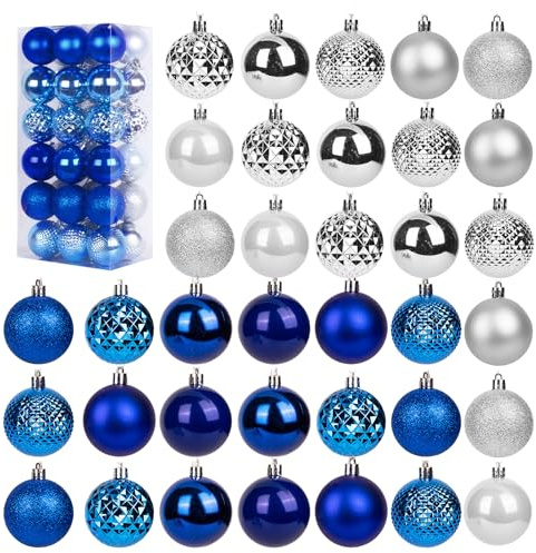 36Pcs Christmas Baubles Set, Blue and Silver Christmas Tree Decorations, Shatterproof Xmas Balls and Ornaments for Hanging, Festive Holiday Home Decor, Classic Christmas Decorations Set for Xmas Tree
