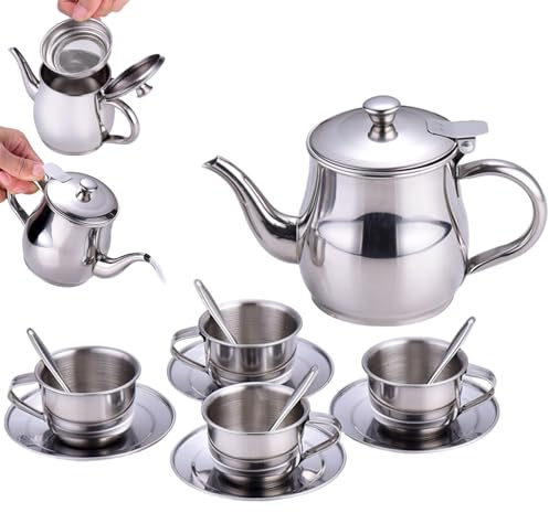 Kids Stainless Steel Tea Set, Heat/Shock Resistant Pretend Play, Safe Teapot & Cups for Boys/Girls (6-Piece)