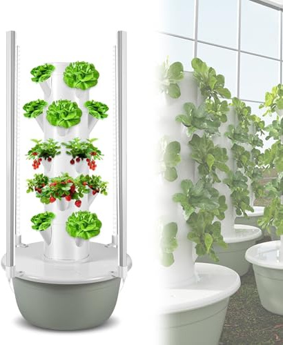 YORCME Système Tour Économiseur d'eau,Systèmes de Culture Verticale Colonne de Culture Verticale Colonne de Culture pour Patio pour Herbes, Fruits 7-Layer28Pots-HydroponicTower+PlantLight