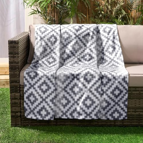 OHS Fleece Throw Blanket for Sofa, Soft Warm Cosy Fluffy Throw Blanket Modern Grey Geometric Print Single Fleece Blanket for Bed Living Room Outdoor, 120 x 150cm