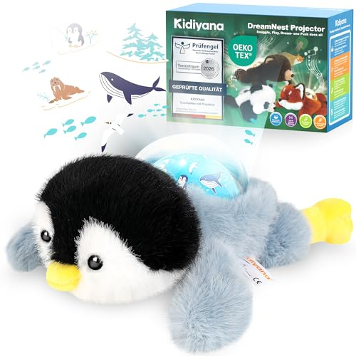 Kidiyana Kuscheltier mit Baby Einschlafhilfe, Plüschtier Himmel Projektor, Schlafmusik & Naturgeräusche, Bewegungs- & Weinsensor, Wiederaufladbar, Erstes Geschenk ab 0 Monat, Pinguin