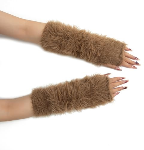 Muorruo Armstulpen für Damen, fingerlose Handschuhe aus nerzähnlichem Samt, Y2K-Pulswärmer, lange Armstulpen, gestrickte fingerlose Thermohandschuhe, warme Winterhandschuhe, Braun