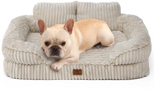EHEYCIGA Orthopädisches Hundebett Kleine Hunde - 76x51cm, Memory Foam Waschbar Hundekorb mit erhöhter Rückenlehne, Hundesofa Cord Hundecouch Wasserdicht rutschfest, Leinenfarben
