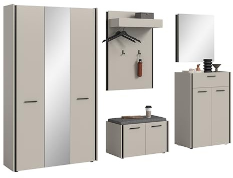 xonox.home – 6-TLG. Garderobenkombiation Emil 287x190x40 cm in Kaschmir Melamin und schwarzen Akzenten – große Garderobenkombination im modernen Flur