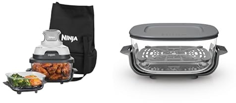 Ninja CRISPi Tragbare Heißluftfritteuse mit Tragetasche, 3,8 l & 1,4 l, 4-in-1: 2 abnehmbare Glasbehälter & Deckel, Weiß FN102EU + Ninja CRISPi 3,8-l-TempWare-Glasbehälter mit Deckel, XSKLIDPLTEUUK