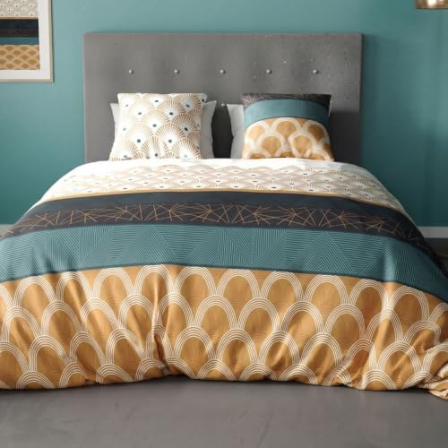 AltoBuy Parure Housse de Couette 260x240cm + 2 taies Motif Graphique Jaune Moutarde 100% Coton - GALIANA