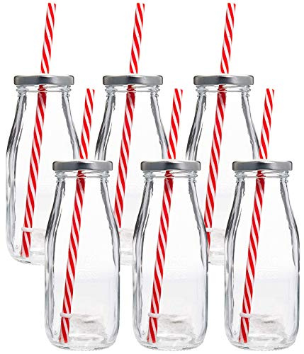 Estilo lácteos Reutilizable Botella de Leche con pajitas de Cristal y Metal con Tornillo de Tapas (Juego de 6), 10,5 oz, Transparente