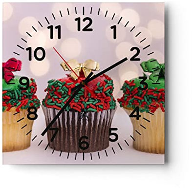 Modern Wanduhr Cupcakes Dessert Kuchen gebacken 30x30cm Quadrat Klein Wand Uhr Glas Analog Zimmeruhren Küche Büro Wohnzimmer Glasuhr Wall Clock Dekoration Design Küchenuhr C4AC30x30-2436
