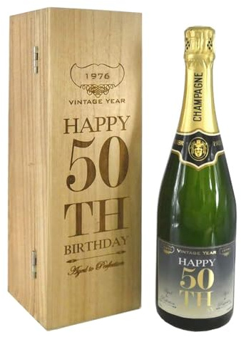 50th Birthday Gift For Him or Her Personalised 75cl Bottle of Champagne Presented in an engraved Wooden Box [CHAM004]