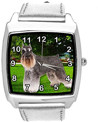 TAPORT® Quartz Watch Silver Leather Band Square with Schnauzer Dog