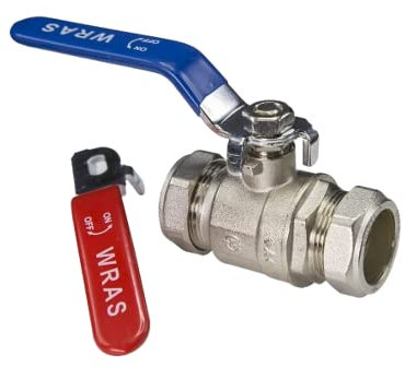 Hebel-Kugelhahn, volle Bohrung, mit rotem und blauem Griff, Klemmverschraubung (22 mm)