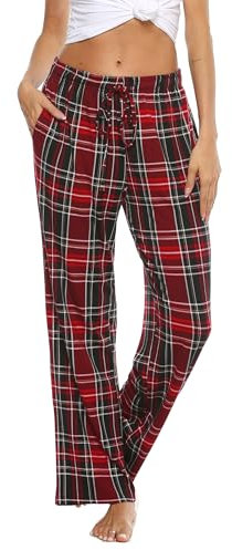 Vlazom Pantalon de Pyjama Femme Bas de Pyjama Femmes à Carreaux Pantalon de Nuit avec Poches，Vin Rouge，XL