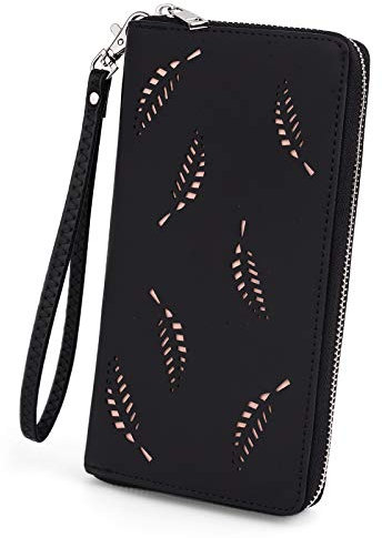 UTO Femme Portefeuille Cuir Synthétique Grand Feuilles sculptées en Creux Porte Cartes chèque Passport Bien Organisation Pochette Voyage avec Bracelet Noir