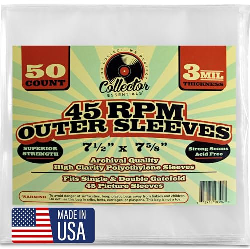 50-Pack 7-Inch 45 RPM Record Outer Sleeves – Clear Polyethylene Vinyl Covers | 3 Mil Thick, Archival, Anti-Static | Fits Picture Sleeves & Gatefolds | Made in USA