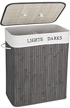 Mondeer 100L Wäschekorb mit Deckel 2 Fächern Bambus Wäschesammler faltbar Wäschebox mit Abnehmbare Wäschesack aus Baumwolle, Grau
