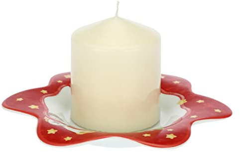 THUN - Candela con Piattino Portacandela in Porcellana Decorata a forma di Stella, Linea Sweet Christmas, 20x2x18 cm