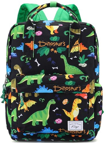 Kasgo Kinderrucksack, Niedlich Rucksack Kinder Mädchen Jungen 6-8 Jahren Schulrucksack mit Brustgurt Leicht Wasserabweisend Große Kapazität Din A4-tauglich 10L 37cm Schwarzer Dinosaurier