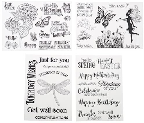 Be In Your Mind 4 Blatt transparente Stempel Blume Schmetterling Libelle Grußworte Muster Siegel für die Kartenherstellung DIY Scrapbooking und Fotoalbum Dekoration