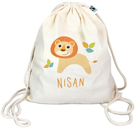 Manilu TB - Turnbeutel mit Tiermotiv und Wunschnamen aus Bio-Baumwolle | Naturfarben | Rucksack | Sportbeutel | Wäschebeutel | Kinder | Geschenk (Löwe Blätter)