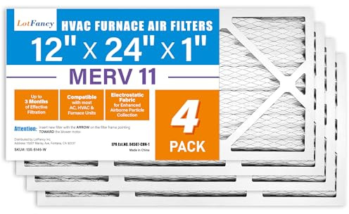 LotFancy 12x24x1 Air Filters, MERV 11 AC Furnace Filters, 4 Pack Pleated Air Conditioner HVAC Filters (Actual Size: 11.75 x 23.75 x 0.75 Inches)