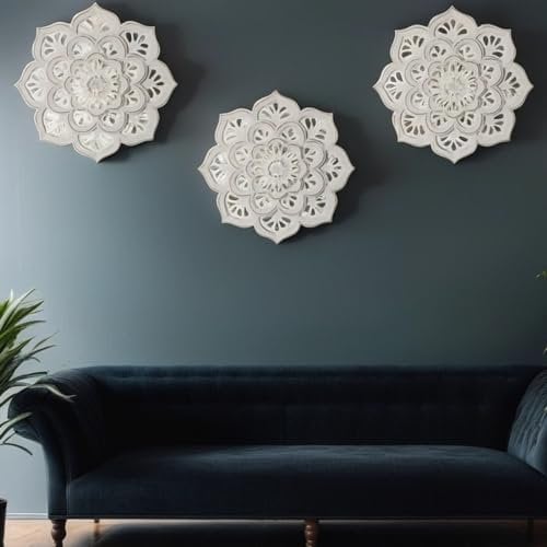 MARRAKESCH 3er Set Boho Deko Wanddeko Wanddeko aus Holz 40cm gross Ornament Amila weiss als Orientalische Wandbild Dekoration