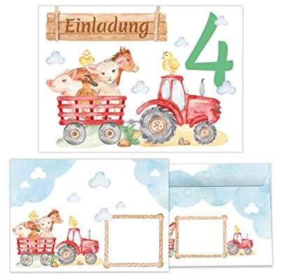 Junapack 12 Einladungskarten incl. 12 Umschläge zum 4. Kindergeburtstag Einladungen vierte Geburtstag Mädchen Jungen Bauernhof