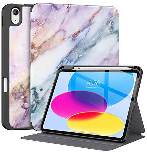 Supveco Funda para iPad 10th Generation 10.9 Inch 2022 con portalápices, soporte Apple Pencil 1st Gen+Auto Wake/Sleep, funda Premium con soporte de TPU suave para iPad 10th Gen-Marble Morado