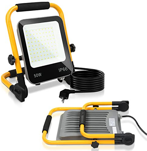 Cecaylie Projecteur de chantier à LED 50W 2x, Projecteur de travail à LED 5100LM, Lampe de chantier, IP66 étanche, Projecteur de travail portable 6000K blanc froid, Câble 3M, pour atelier garage