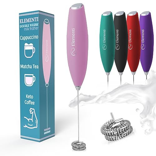 Elementi Milk Frother Handheld - Powerful Mini Coffee Frother Whisk - Hand Held Coffee Whisk Electric & Frappe Maker - Drink Mixer, Stirrer & Electric Milk Foamer (Double Whisk, Pastel Pink)