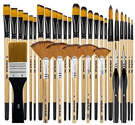 32 Pieces Paint Brush Set Artist Series Brush Rinser Nylon Bristles with Round, Square, Flat, Fan Brush for Acrylic Painting, Oil